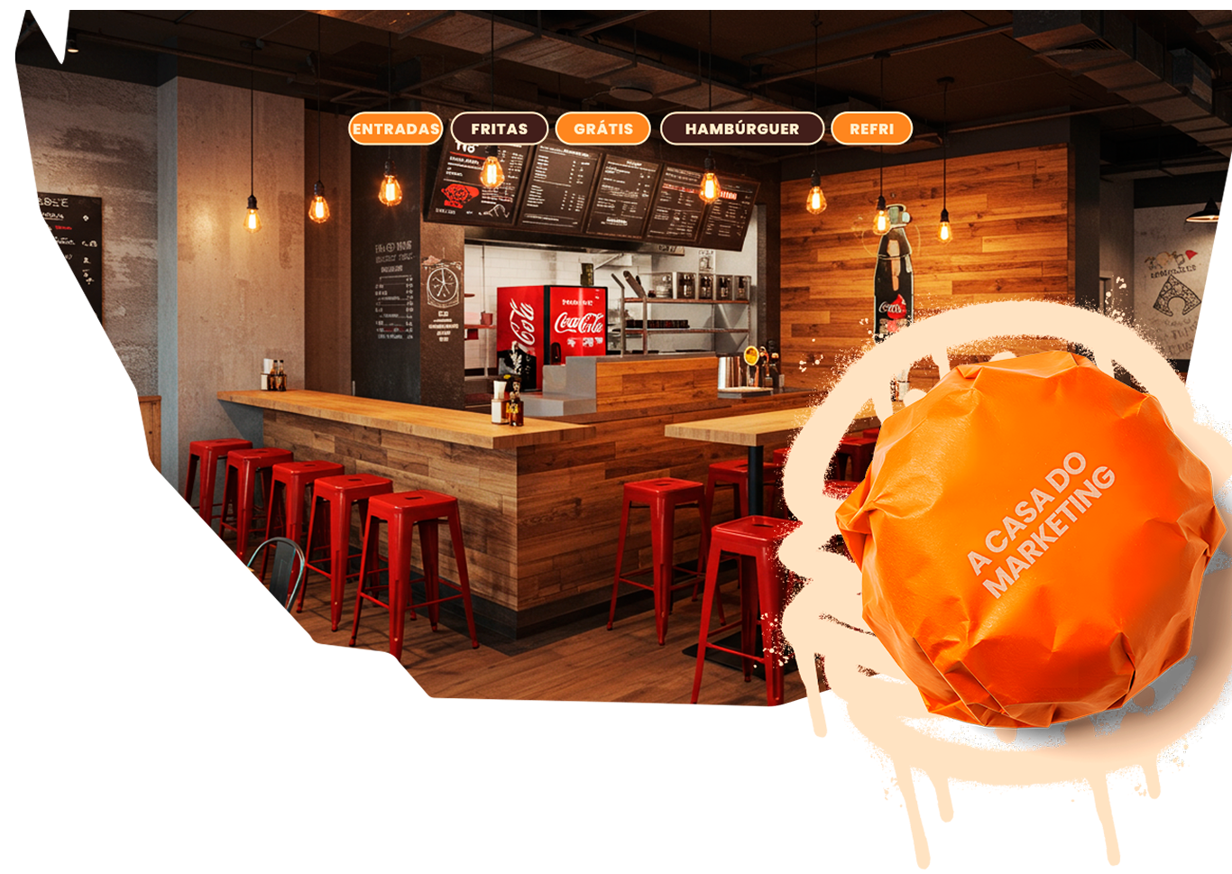 Interior de restaurante com bar e logo Casa do Marketing